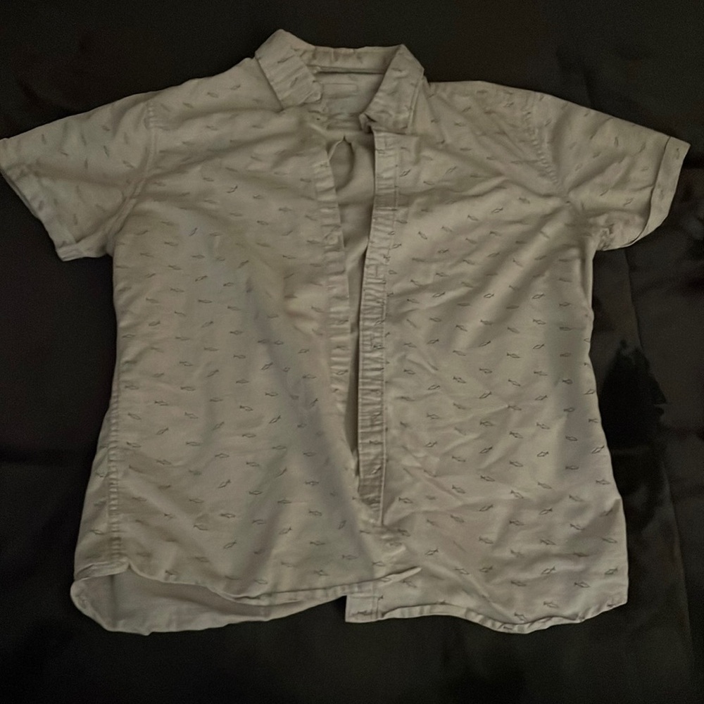 Steel & Jelly white, button up, collared, shark-printed shirt.